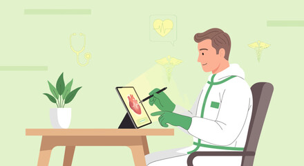 Fototapeta premium Doctor using tablet for heart analysis with medical icons