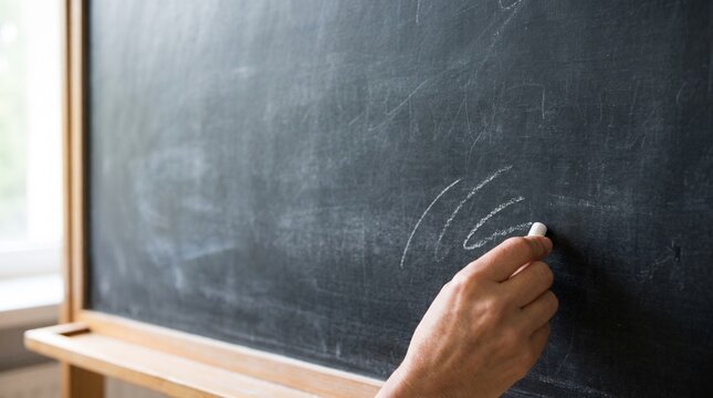 Teacher hand holding white chalk and writing on blank blackboard in classroom, education and teachers day background concept with copy space