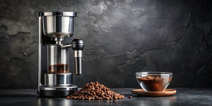 Elegant Coffee Maker with Coffee Beans and Ground Coffee Nearby