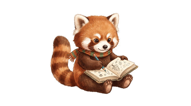 Cute red panda wearing scarf drawing in sketchbook illustration