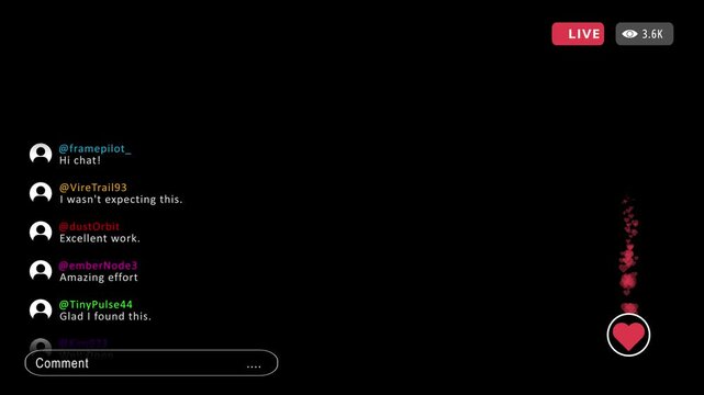 A clean and modern live stream screen overlay animation featuring animated user chat comments, viewer counter badge, comment input box, and floating red heart reactions. Isolated on a dark background