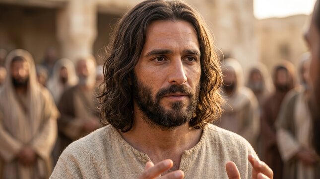 Jesus Christ teaching a crowd of followers. Biblical sermon and judgment of the sheep and goats concept. Ancient Middle Eastern setting
