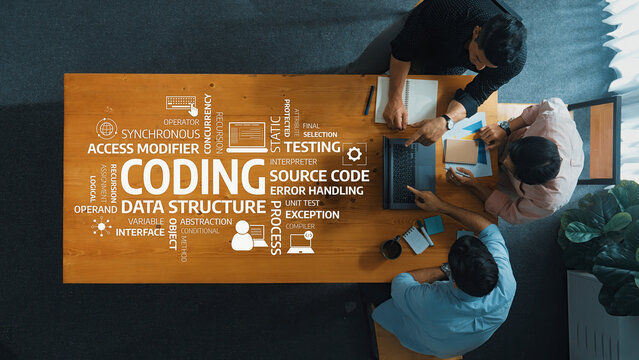 Overview of Software Development Concepts with Coding, Data Structure, and Testing Techniques on a Modern Workspace Table. Amity