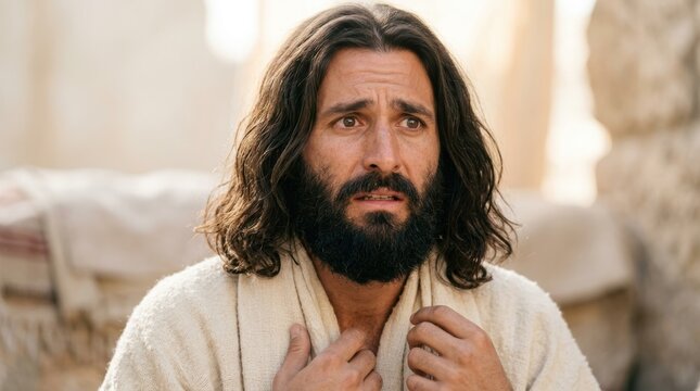 Prophet Jonah looking anxious and startled. Biblical character reacting to divine calling. Old Testament story portrait