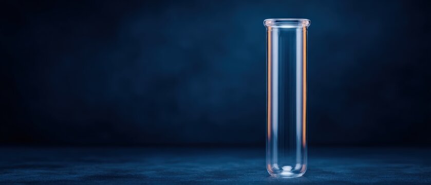 Empty glass test tube on dark blue textured background for laboratory science research and medical experimentation with copy space for professional use