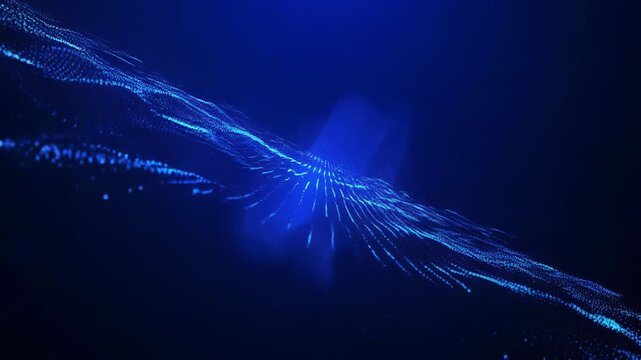 Abstract blue light energy particles flowing through dark space with glowing core