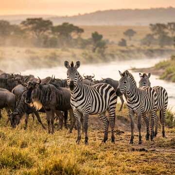 Wild zebras standing together in african savanna at sunrise with wildlife