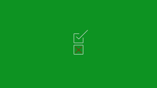 Animated checkmark and cross set on green screen, minimalist ui for task completion and error feedback, motion