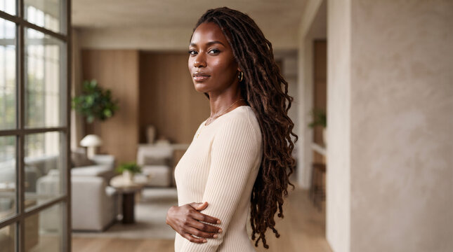 Portrait of a confident young Black woman with long dreadlocks standing in a modern home interior.