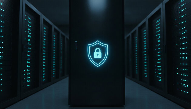 Secure server room with glowing shield icon