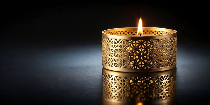 Elegant Gold Candle with Intricate Design Illuminating Dark Space