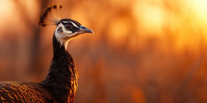 Peacock head profile with crest feathers illuminated by warm golden hour sunlight with ample copy space for luxury wildlife editorial and design projects