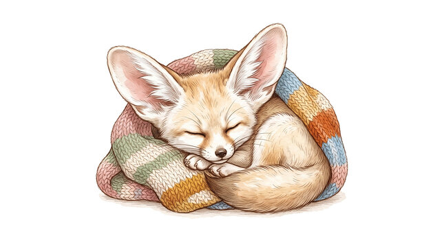 Cute baby fennec fox sleeping wrapped in knitted scarf illustration