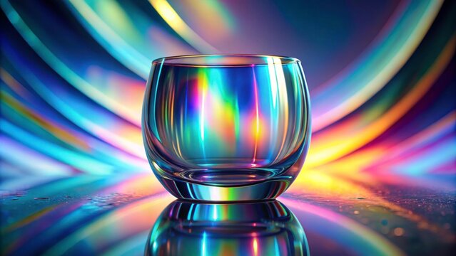 Colorful Reflection of Glass Cup on Shiny Surface with Light Patterns
