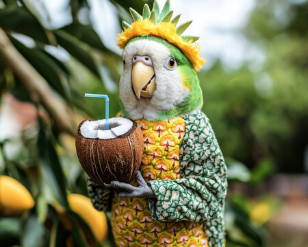 Plush parrot in pineapple costume holding coconut drink with straw, playful tropical scene
