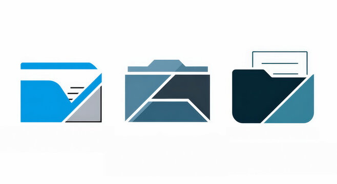 Simple folder icon set with document sheets in blue and teal tones