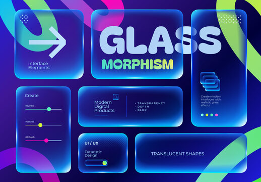 Glassmorphism UI Elements with Translucent Blue Glass Panels