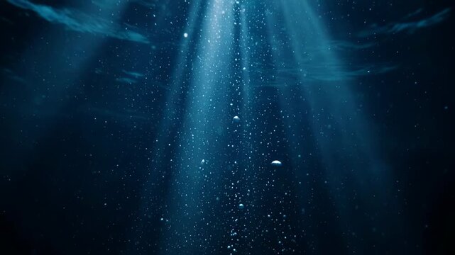 Sunlight beams underwater shafts illuminating dark ocean depths with floating particles during daytime