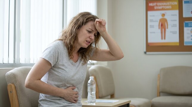 Distressed woman suffering from heat exhaustion symptoms in a clinic. Female patient with nausea and headache holding her stomach