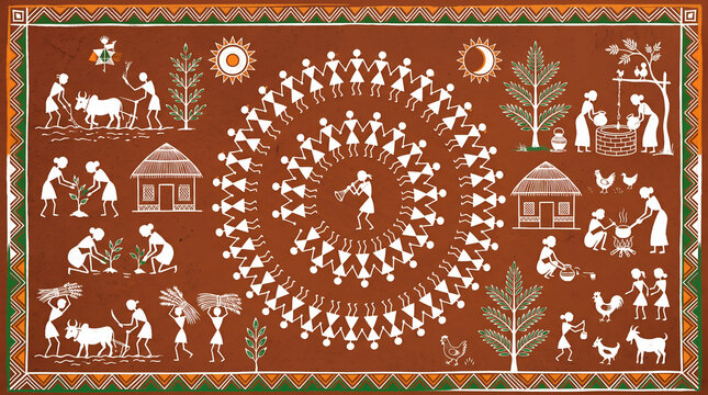 Traditional Warli tribal art painting featuring circular folk dance and rural village life