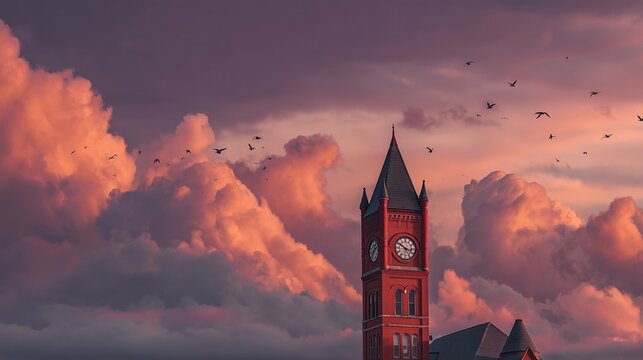 Red brick clock tower against dramatic sunset sky with birds
