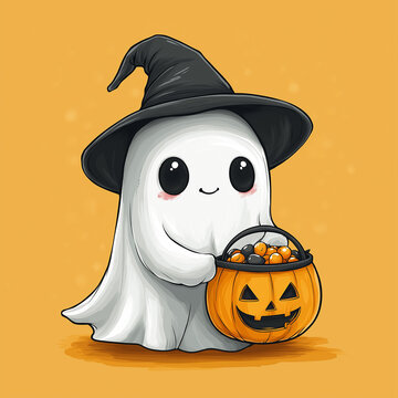 Cute funny cartoon ghost holding a carved Halloween pumpkin and smiling, friendly phantom illustration