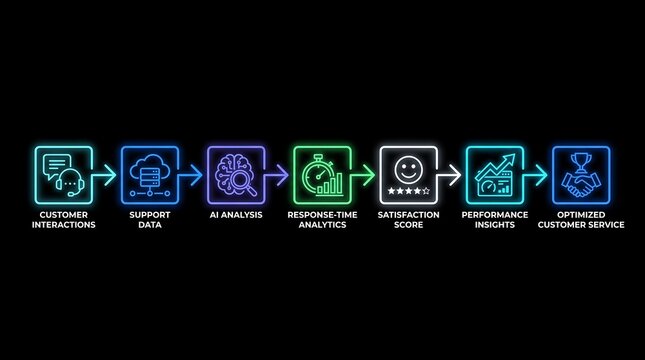 Neon infographic illustrating automated customer service workflow and data analysis process for business efficiency optimization