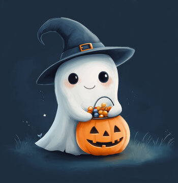 Adorable floating ghost in a black witch hat with a carved jack-o-lantern pumpkin, funny Halloween character art