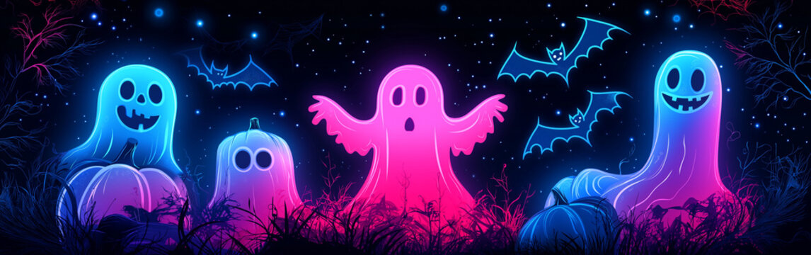 Vibrant illustration of glowing neon pink and blue ghosts and flying bats on dark background, modern Halloween design