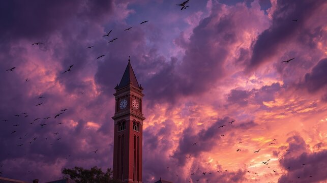 Red brick clock tower against dramatic sunset sky with birds
