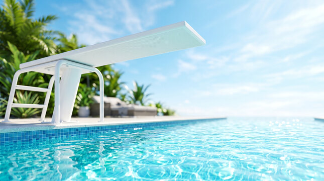 Diving board above water with clear pool and sunny sky background  