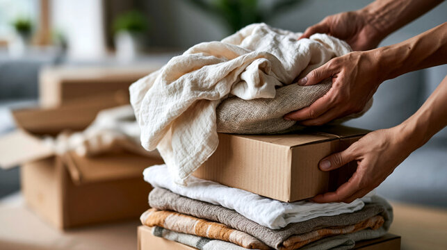 Alongside a bright moving-day stack, one collapsed carton spills soft household textiles while anonymous hands reach to stabilize it, relocation problem, damaged box, home move, packaging