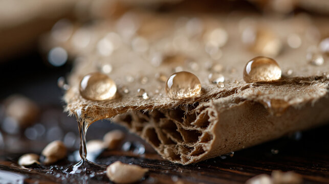 A bright macro photograph captures water droplets soaking into torn kraft cardboard fibers, wet parcel, rain exposure, packaging deterioration, shipping damage, material texture, delivery