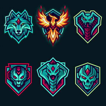 Stylized animal emblem set with wolf eagle serpent robot and skull in neon colors on dark background