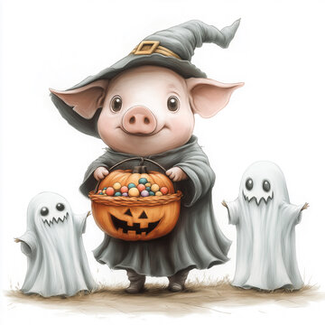 Cute cartoon pig playing with friendly little ghosts and colorful Halloween candies, sweet holiday illustration
