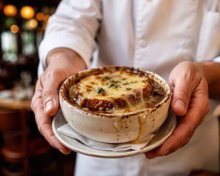 Chef Serving French Onion Soup with Melted Cheese in Restaurant