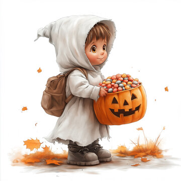 Adorable kids wearing funny witch and ghost costumes holding pumpkin candy buckets, cute Halloween art
