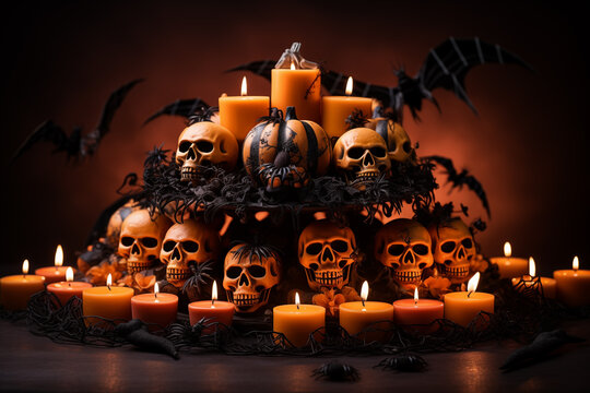 Halloween background with pumpkin, witch hat, skulls, burning candles and bats on orange surface with copy space