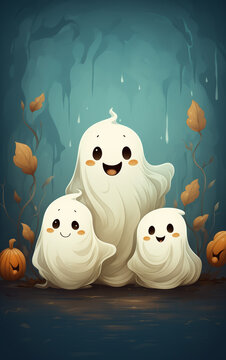 Adorable cartoon ghost illustration smiling with tiny star sparkles, funny cute Halloween character design
