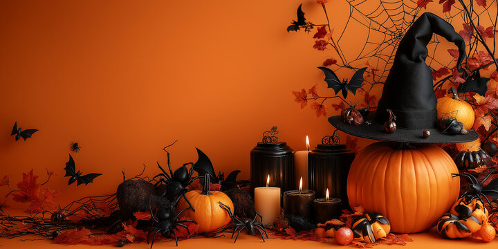 Halloween background with pumpkin, witch hat, skulls, burning candles and bats on orange surface with copy space
