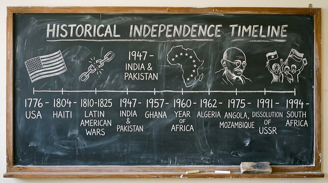Historical Independence Timeline written on a classroom chalkboard with world history facts.