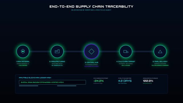 Digital Supply Chain Traceability Dashboard Featuring Blockchain Ledger Data and Logistics Metrics