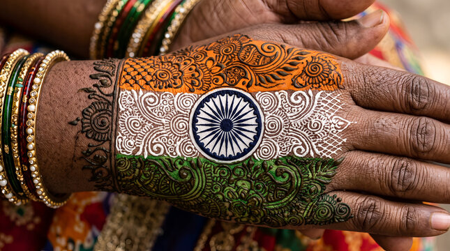 Indian flag design painted with henna on a woman hand for Independence Day celebration
