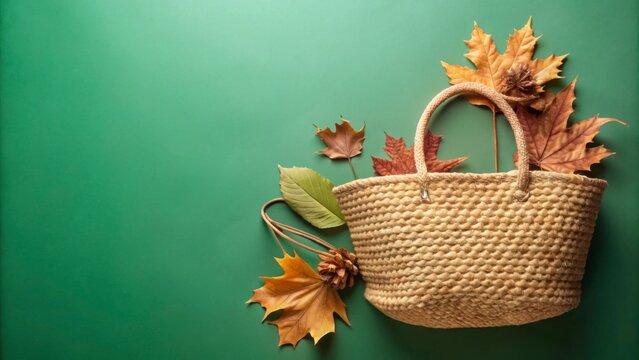 Woven Basket with Autumn Leaves on Green Background