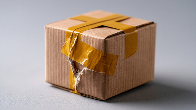 A bright neutral background highlights a cardboard box with a long tear repaired by uneven tape, damaged parcel, temporary fix, shipping defect, packaging repair, logistics problem,