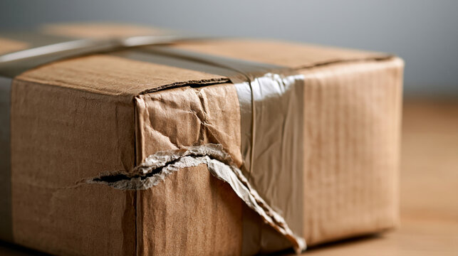 A bright neutral background highlights a cardboard box with a long tear repaired by uneven tape, damaged parcel, temporary fix, shipping defect, packaging repair, logistics problem,