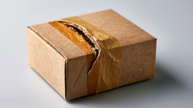 A bright neutral background highlights a cardboard box with a long tear repaired by uneven tape, damaged parcel, temporary fix, shipping defect, packaging repair, logistics problem,