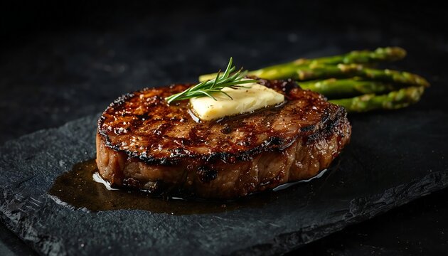 Juicy Grilled Steak with Butter and Rosemary on a Dark Slate Plate