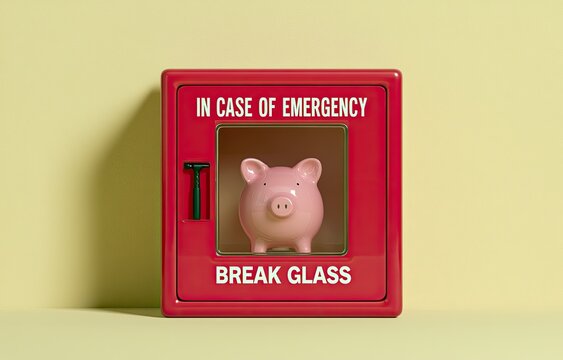 Pink piggy bank in red emergency box with "Break Glass" text