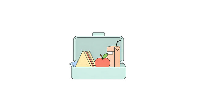 Minimalist lunch box illustration, healthy school meal with sandwich and apple, flat vector style food container icon